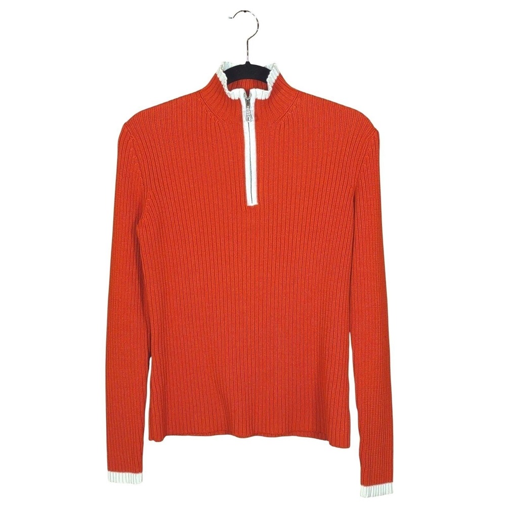 Mock Neck Sweater 100% Cotton Womens L Ribbed Stretch Quarter Zip Top Jumper VTG